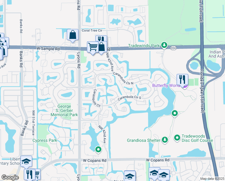 map of restaurants, bars, coffee shops, grocery stores, and more near 4319 Carambola Circle North in Coconut Creek