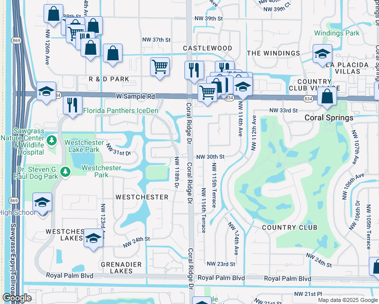 map of restaurants, bars, coffee shops, grocery stores, and more near 11762 Northwest 30th Street in Coral Springs