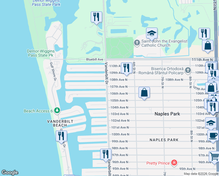 map of restaurants, bars, coffee shops, grocery stores, and more near 10602 Vanderbilt Drive in Naples