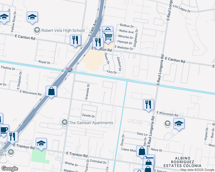 map of restaurants, bars, coffee shops, grocery stores, and more near 1802 Yellow Stone Street in Edinburg
