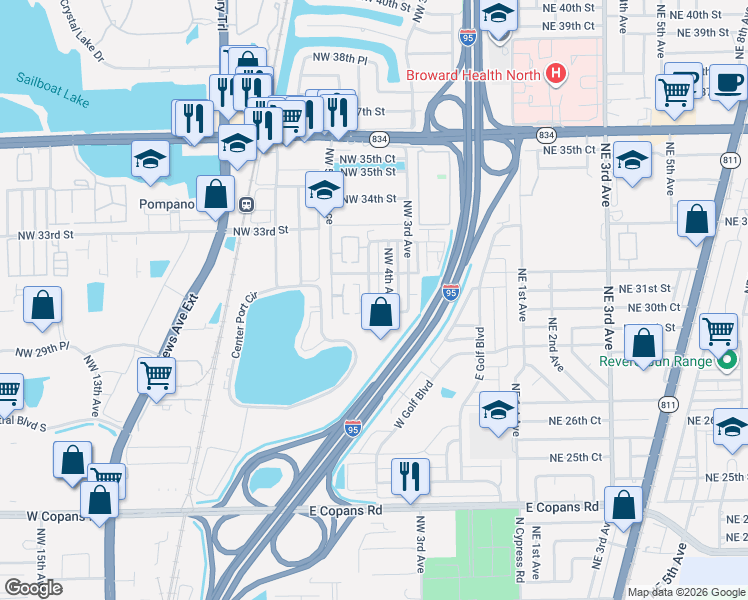 map of restaurants, bars, coffee shops, grocery stores, and more near 3001 Northwest 4th Terrace in Pompano Beach