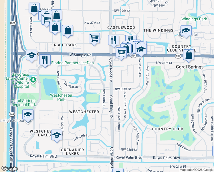 map of restaurants, bars, coffee shops, grocery stores, and more near 11762 Northwest 30th Street in Coral Springs