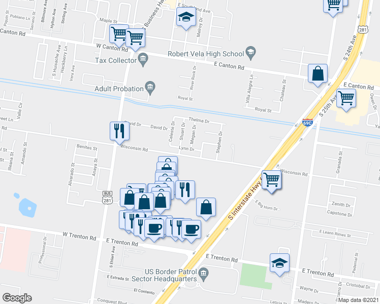 map of restaurants, bars, coffee shops, grocery stores, and more near 624 Lynn Drive in Edinburg