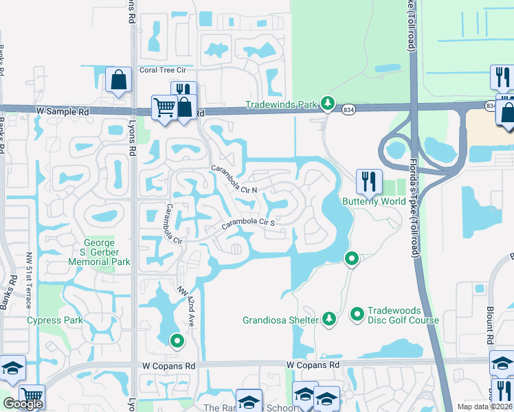 map of restaurants, bars, coffee shops, grocery stores, and more near 4675 Carambola Circle North in Coconut Creek