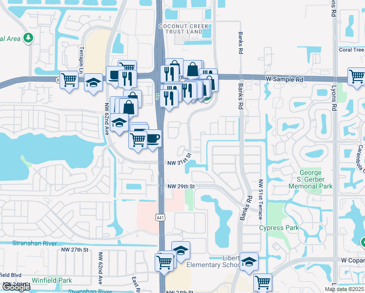 map of restaurants, bars, coffee shops, grocery stores, and more near 3164 Merrick Terrace in Margate