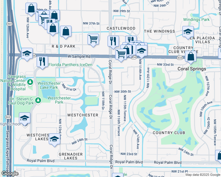 map of restaurants, bars, coffee shops, grocery stores, and more near 11762 Northwest 30th Street in Coral Springs