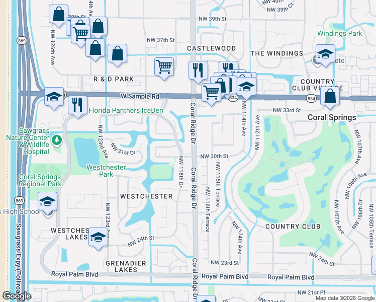map of restaurants, bars, coffee shops, grocery stores, and more near 11762 Northwest 30th Street in Coral Springs