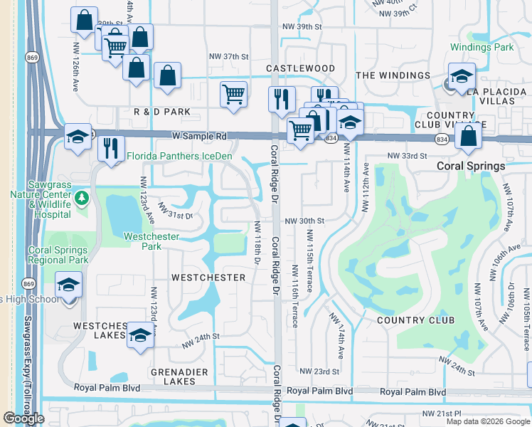 map of restaurants, bars, coffee shops, grocery stores, and more near 11762 Northwest 30th Street in Coral Springs