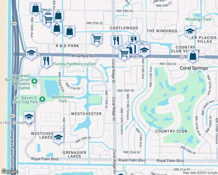 map of restaurants, bars, coffee shops, grocery stores, and more near 11762 Northwest 30th Street in Coral Springs
