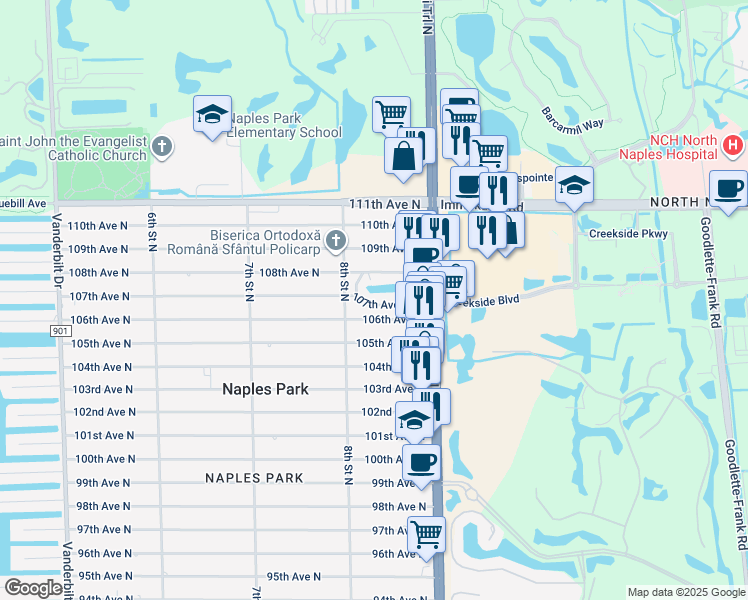 map of restaurants, bars, coffee shops, grocery stores, and more near 835 106th Avenue North in Naples