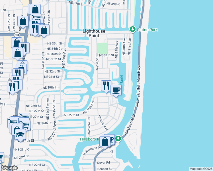 map of restaurants, bars, coffee shops, grocery stores, and more near 2784 Northeast 30th Street in Lighthouse Point