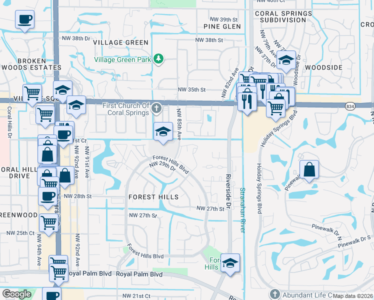 map of restaurants, bars, coffee shops, grocery stores, and more near 8433 Forest Hills Boulevard in Coral Springs
