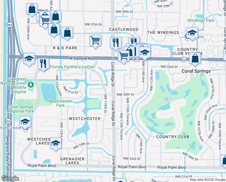 map of restaurants, bars, coffee shops, grocery stores, and more near 11762 Northwest 30th Street in Coral Springs