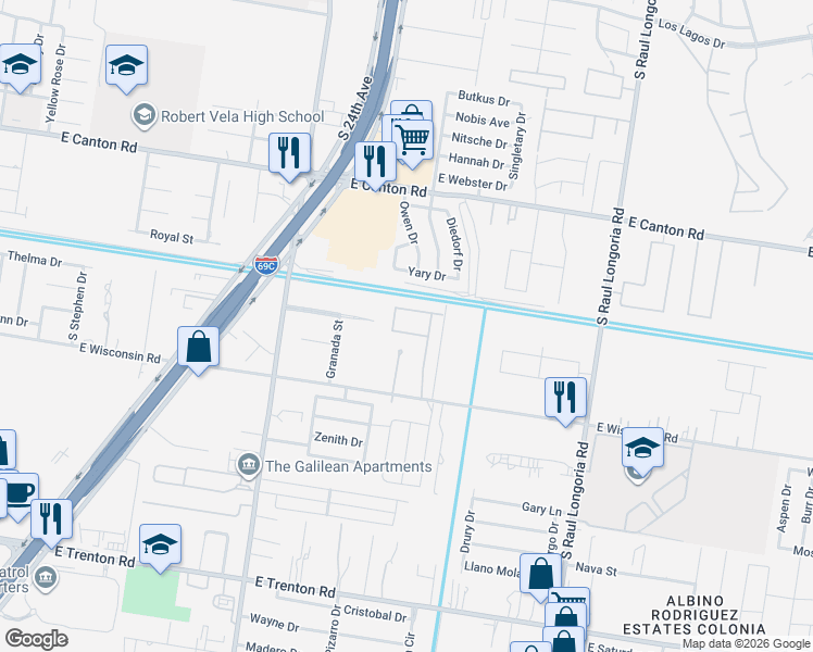 map of restaurants, bars, coffee shops, grocery stores, and more near 1802 Yellow Stone Street in Edinburg