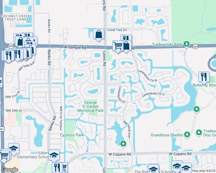 map of restaurants, bars, coffee shops, grocery stores, and more near 3417 Carambola Circle South in Coconut Creek