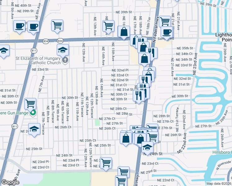 map of restaurants, bars, coffee shops, grocery stores, and more near 1467 Northeast 30th Street in Pompano Beach