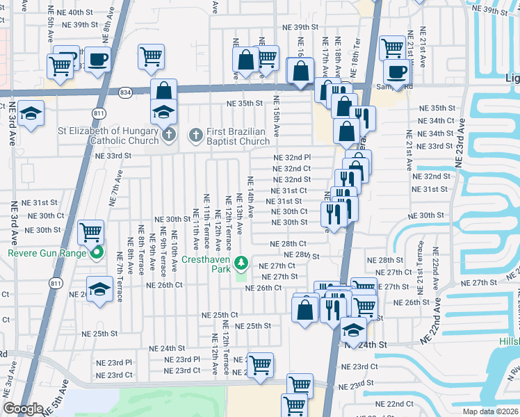 map of restaurants, bars, coffee shops, grocery stores, and more near 1411 Northeast 30th Street in Pompano Beach