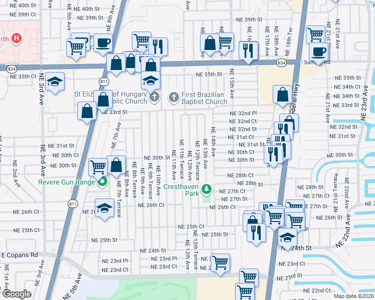 map of restaurants, bars, coffee shops, grocery stores, and more near 2951 Northeast 11th Terrace in Pompano Beach