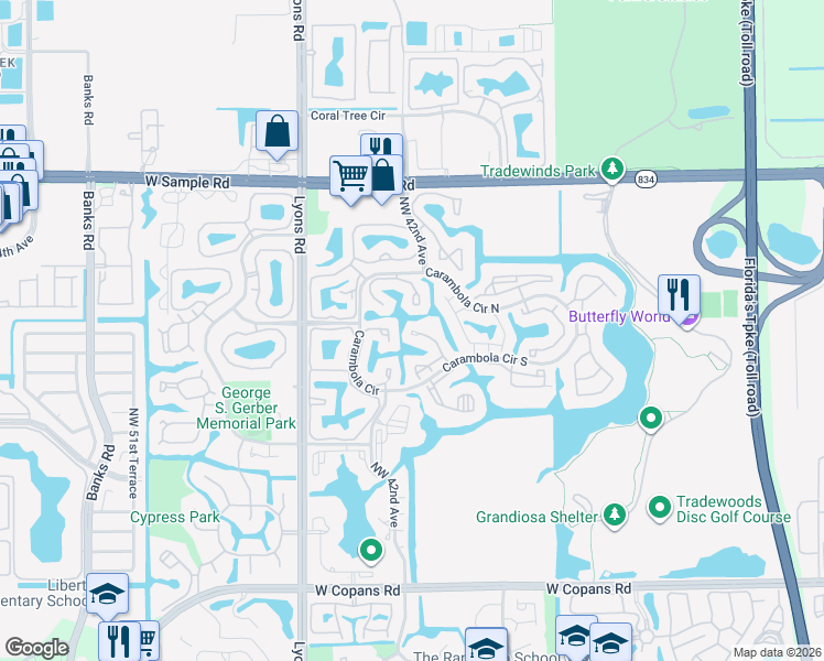 map of restaurants, bars, coffee shops, grocery stores, and more near 3316 Carambola Circle South in Coconut Creek