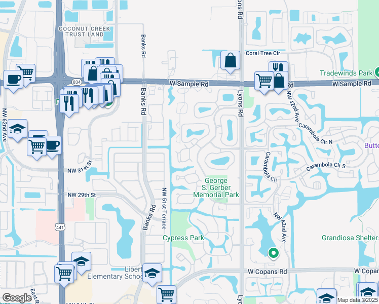 map of restaurants, bars, coffee shops, grocery stores, and more near 19 Cocoplum Circle in Coconut Creek