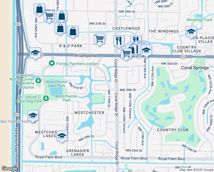 map of restaurants, bars, coffee shops, grocery stores, and more near 11842 Northwest 30th Street in Coral Springs