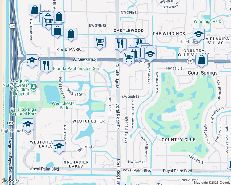 map of restaurants, bars, coffee shops, grocery stores, and more near 11762 Northwest 30th Street in Coral Springs