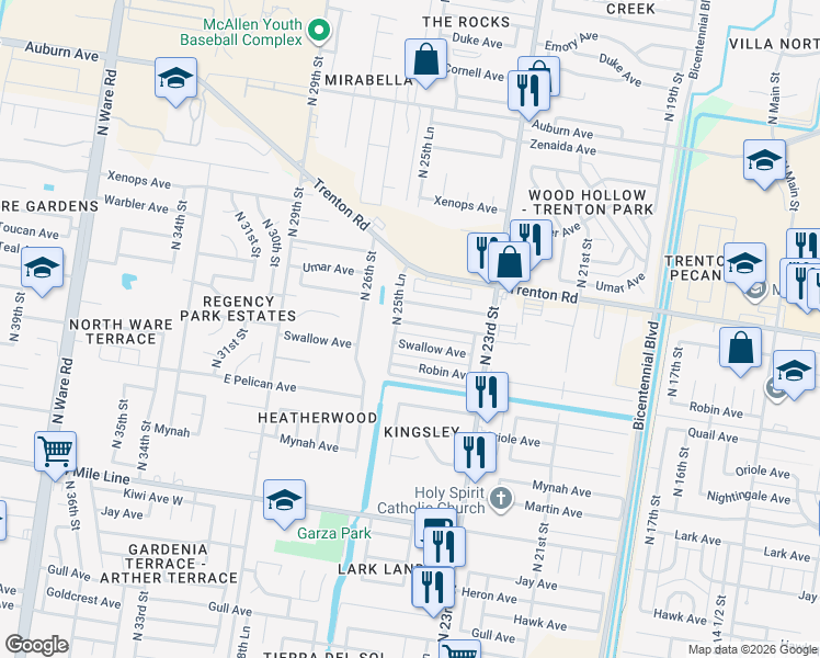 map of restaurants, bars, coffee shops, grocery stores, and more near 2505 Swallow Avenue in McAllen