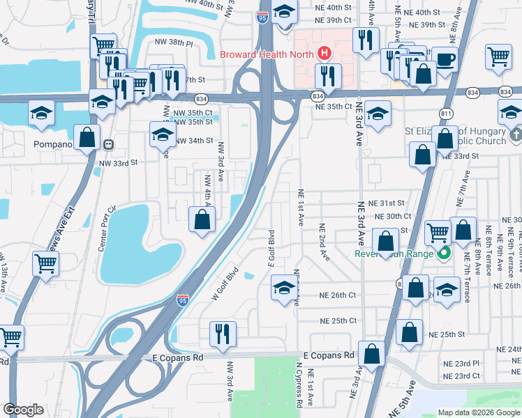 map of restaurants, bars, coffee shops, grocery stores, and more near 2970 Northwest 2nd Avenue in Pompano Beach