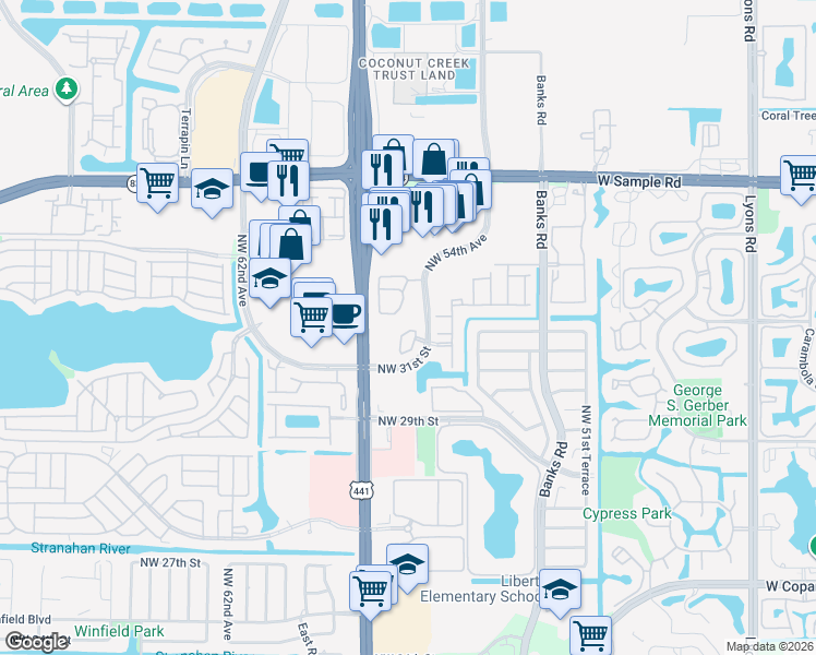 map of restaurants, bars, coffee shops, grocery stores, and more near 3164 Merrick Terrace in Margate