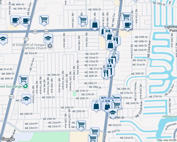 map of restaurants, bars, coffee shops, grocery stores, and more near 1467 Northeast 30th Street in Pompano Beach