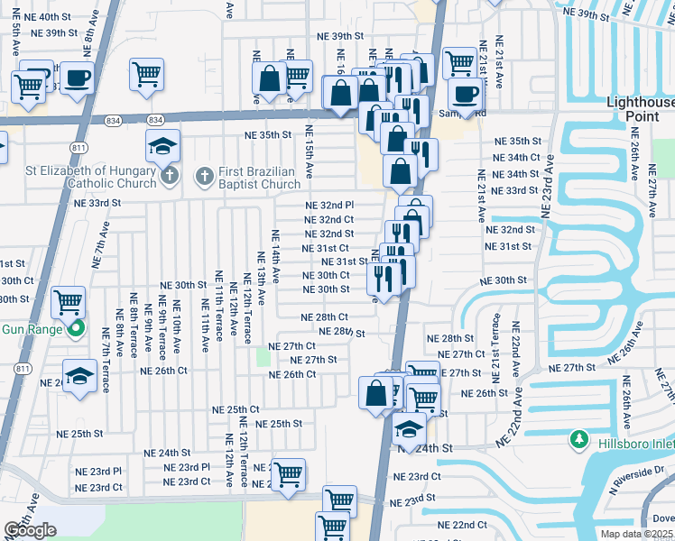 map of restaurants, bars, coffee shops, grocery stores, and more near 1584 Northeast 31st Court in Pompano Beach
