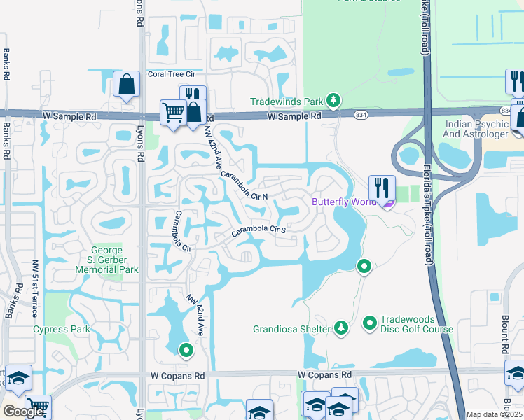 map of restaurants, bars, coffee shops, grocery stores, and more near 4562 Baywood III in Coconut Creek