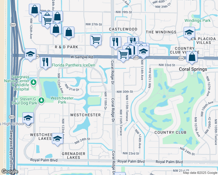 map of restaurants, bars, coffee shops, grocery stores, and more near 11777 Northwest 30th Street in Coral Springs
