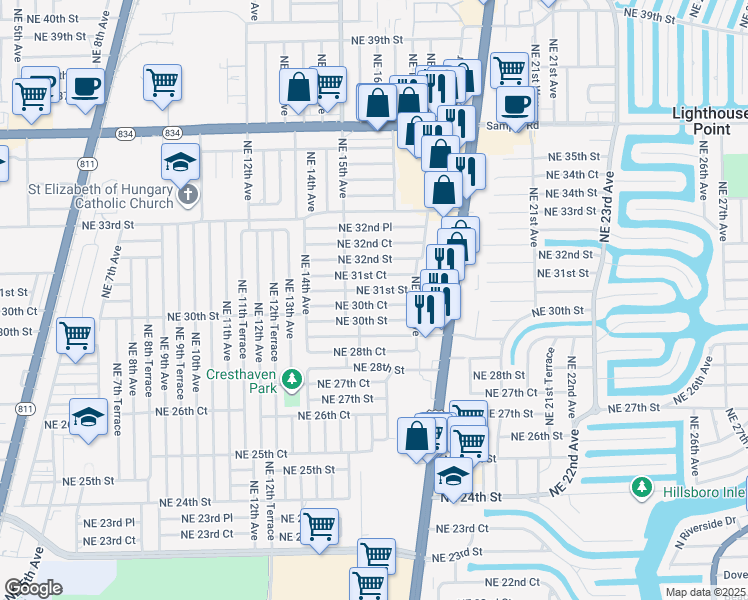 map of restaurants, bars, coffee shops, grocery stores, and more near 1584 Northeast 31st Court in Pompano Beach