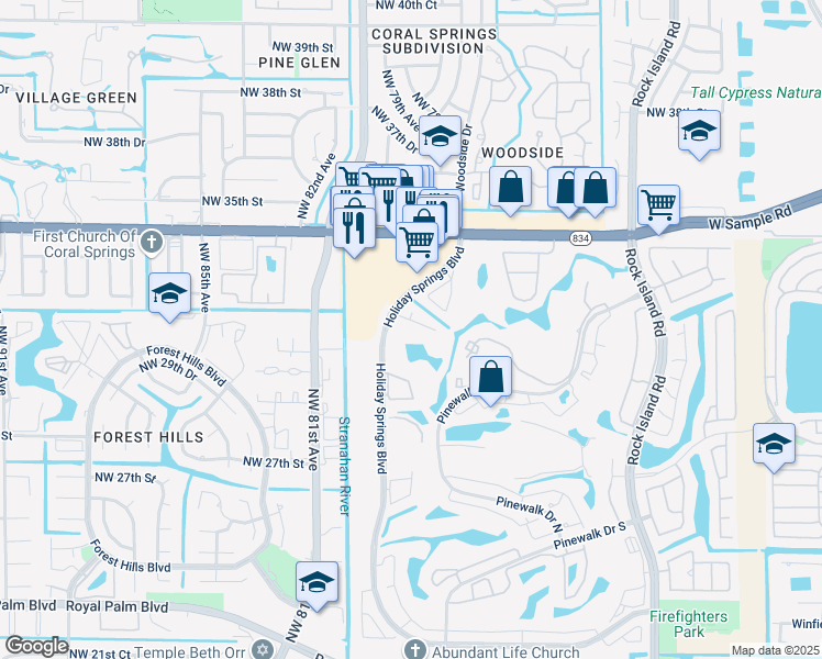 map of restaurants, bars, coffee shops, grocery stores, and more near 3261 Holiday Springs Boulevard in Margate
