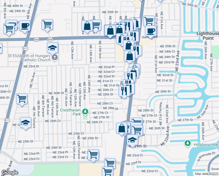map of restaurants, bars, coffee shops, grocery stores, and more near 1584 Northeast 31st Court in Pompano Beach