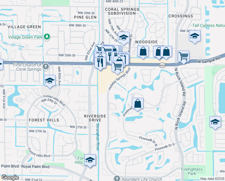 map of restaurants, bars, coffee shops, grocery stores, and more near 3261 Holiday Springs Boulevard in Margate