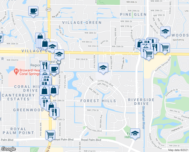 map of restaurants, bars, coffee shops, grocery stores, and more near 8700 Northwest 32nd Street in Coral Springs
