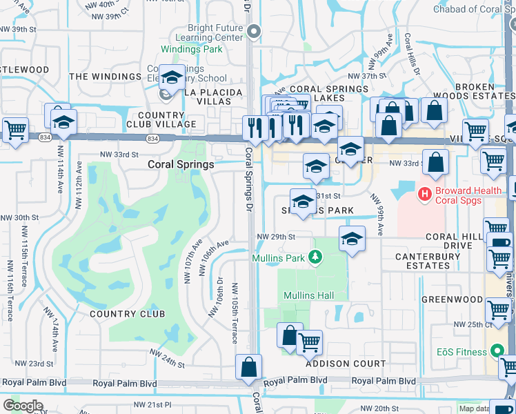 map of restaurants, bars, coffee shops, grocery stores, and more near 3100 Coral Springs Drive in Coral Springs