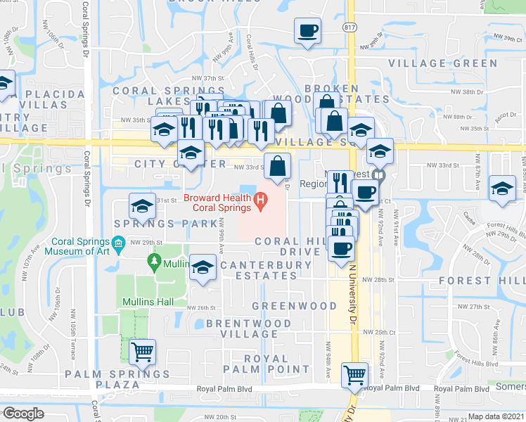 map of restaurants, bars, coffee shops, grocery stores, and more near 3000 Northwest 96th Avenue in Coral Springs