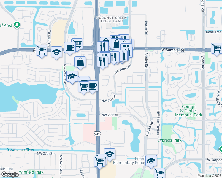 map of restaurants, bars, coffee shops, grocery stores, and more near 3116 Merrick Terrace in Margate