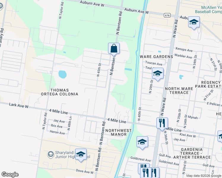 map of restaurants, bars, coffee shops, grocery stores, and more near 6712 North Bentsen Road in McAllen