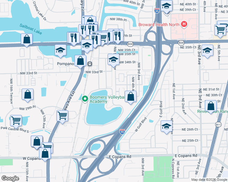 map of restaurants, bars, coffee shops, grocery stores, and more near 3007 Northwest 5th Terrace in Pompano Beach