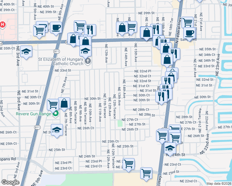 map of restaurants, bars, coffee shops, grocery stores, and more near 3060 Northeast 12th Terrace in Pompano Beach