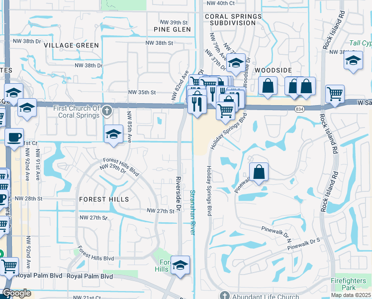 map of restaurants, bars, coffee shops, grocery stores, and more near 3249 Riverside Drive in Coral Springs