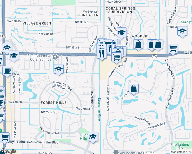 map of restaurants, bars, coffee shops, grocery stores, and more near 3249 Riverside Drive in Coral Springs