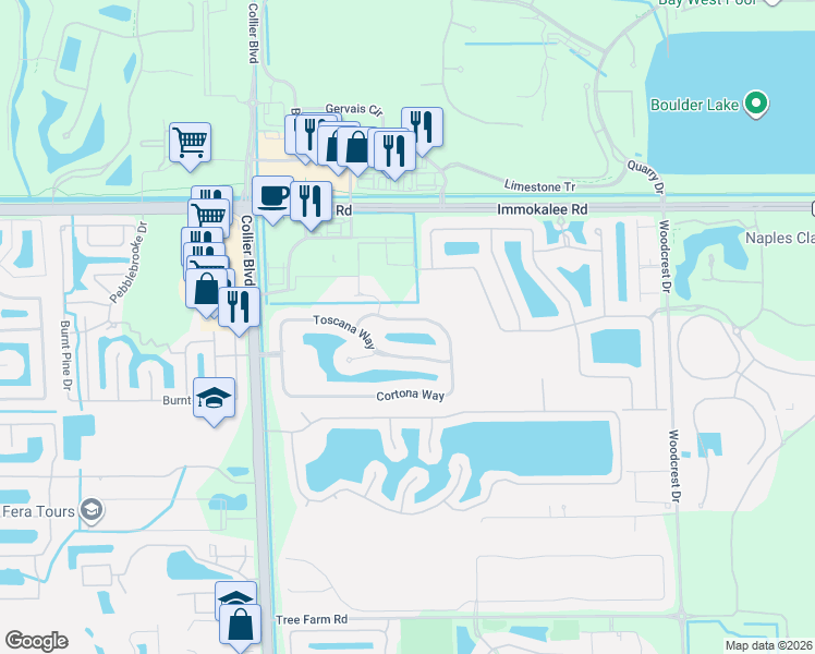 map of restaurants, bars, coffee shops, grocery stores, and more near 15449 Cortona Way in Naples