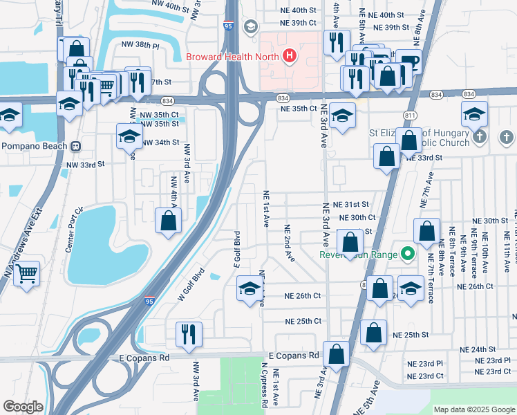 map of restaurants, bars, coffee shops, grocery stores, and more near 110 Northwest 31st Court in Pompano Beach