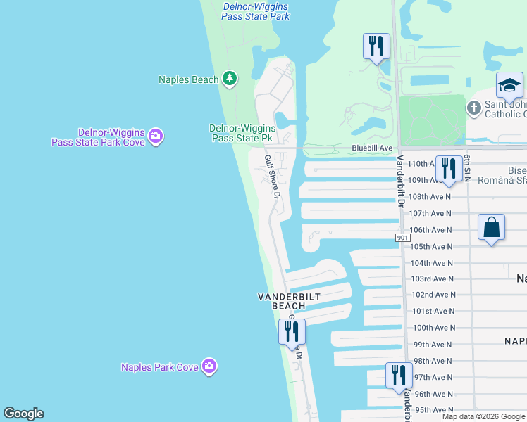 map of restaurants, bars, coffee shops, grocery stores, and more near 10701 Gulf Shore Drive in Naples