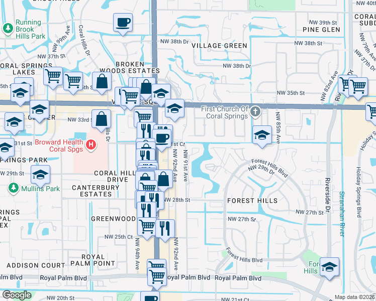 map of restaurants, bars, coffee shops, grocery stores, and more near 3033 Coral Falls in Coral Springs